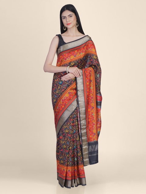 Kasat Multicoloured & Orange Handloom Poly Georgette Printed Saree, Multi