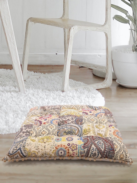 Tistabene Beige & Red Floral Printed Round-Shaped Gaddi