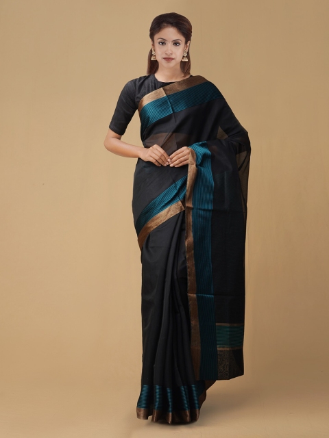 Unnati Silks Black & Red Silk Cotton Solid Handloom Chanderi Saree