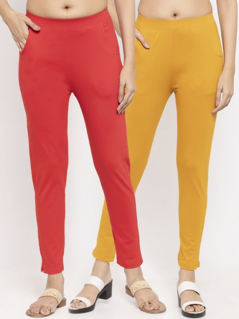 NEUDIS Women Pack of 2 Solid Ankle-Length Leggings, Mustard