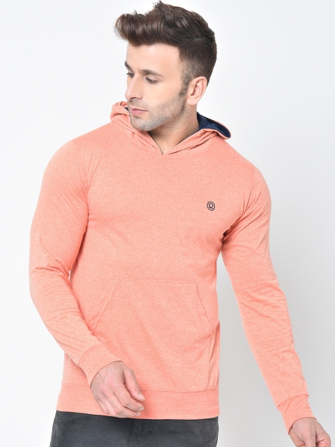 Chkokko Men Orange Solid Hooded Sweatshirt
