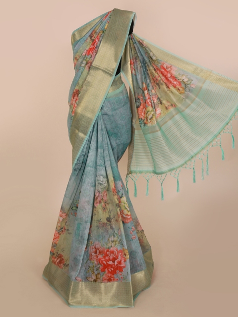 Pothys Blue Printed Linen Blend Saree