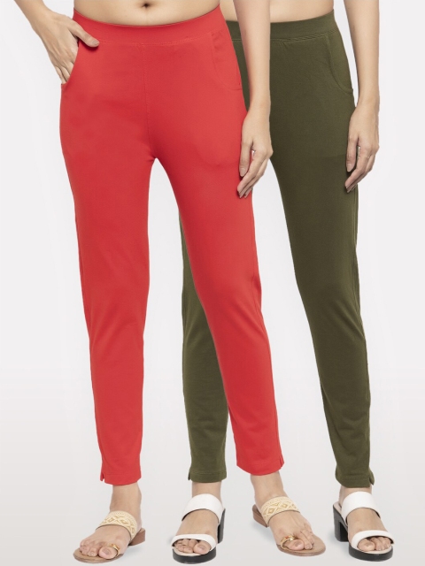 NEUDIS Women Pack Of 2 Solid Ankle-Length Leggings, Red