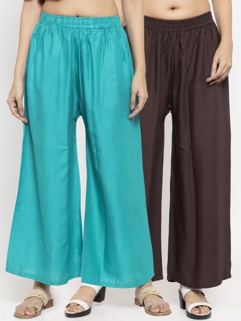 NEUDIS Women Pack Of 2 Solid Flared Palazzos, Teal
