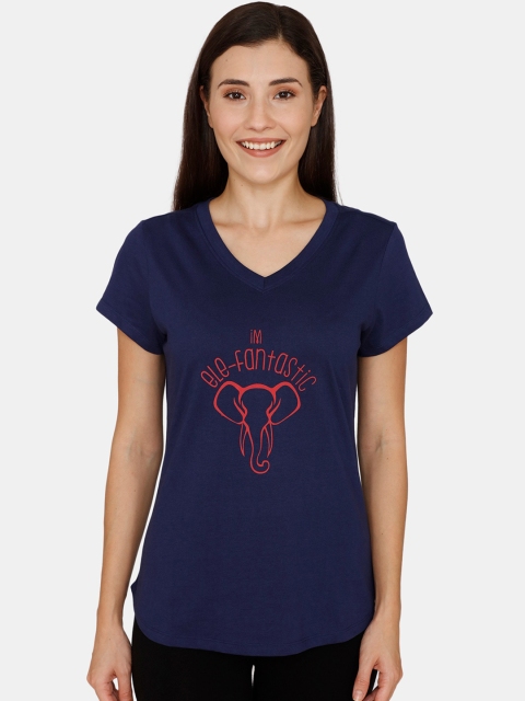 Zivame Women Navy Blue Printed Pure Cotton Top
