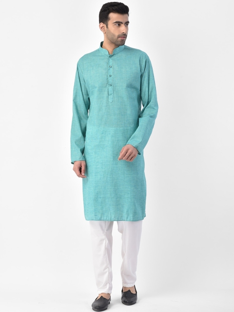 SG LEMAN Men Turquoise Blue & White Solid Kurta with Pyjamas