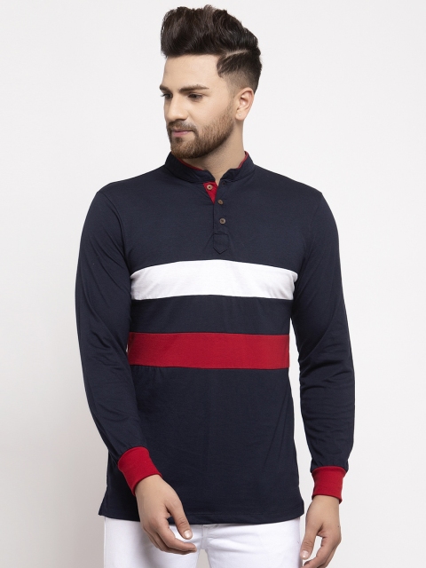 Kalt Men Navy Blue & Red Colourblocked Mandarin Collar T-shirt