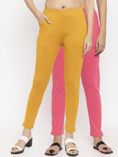 NEUDIS Women Pack of 2 Solid Ankle Length Leggings, Pink