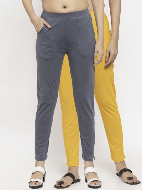 NEUDIS Women Pack of 2 Solid Ankle Length Leggings, Yellow