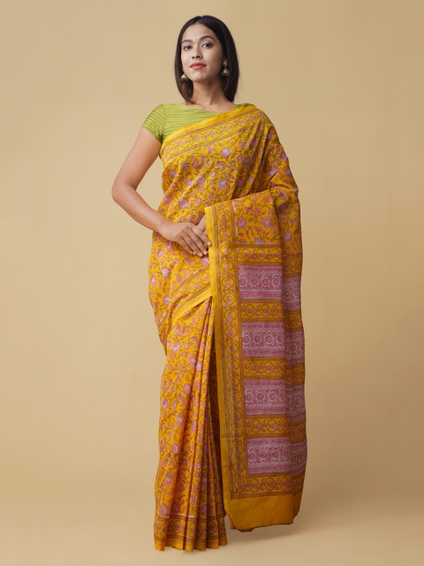 Unnati Silks Mustard & Pink Pure Cotton Printed Chanderi Saree