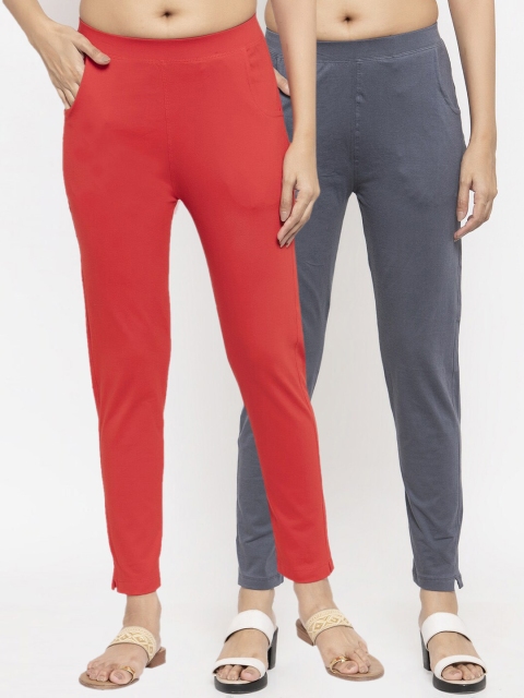 NEUDIS Women Pack Of 2 Solid Ankle-Length Leggings, Red