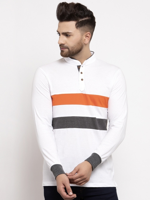 Kalt Men White & Grey Striped Mandarin Collar T-shirt