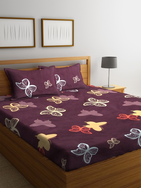 NEUDIS Maroon Floral 180 TC Polycotton 1 King Bedsheet with 2 Pillow Covers