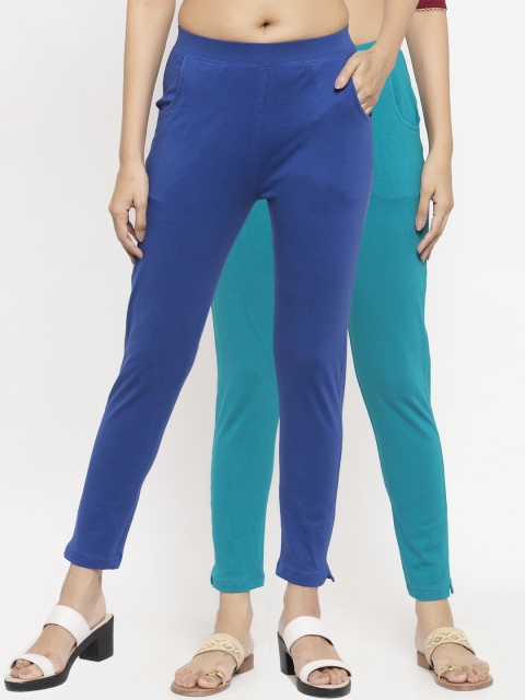 NEUDIS Women Pack Of 2 Solid Ankle-Length Leggings, Blue