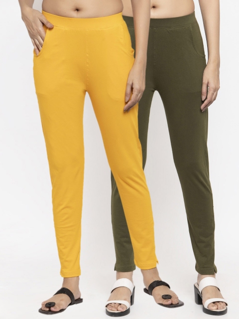NEUDIS Women Pack Of 2 Solid Ankle-Length Leggings, Yellow