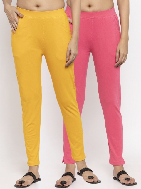 NEUDIS Women Pack Of 2 Solid Ankle-Length Leggings, Yellow