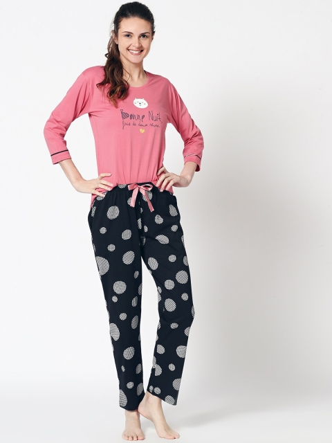 Zeyo Women Pink & Navy Blue Printed Night suit