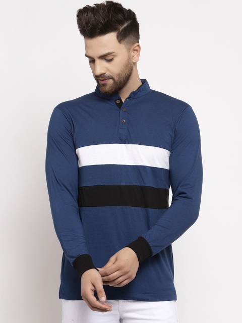 Kalt Men Blue & White Striped Mandarin Collar T-shirt