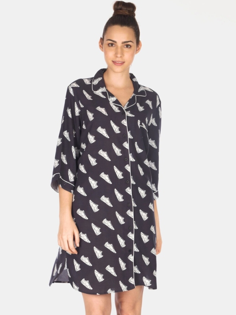 Smugglerz Women Navy Blue & White Printed Sleep Shirt