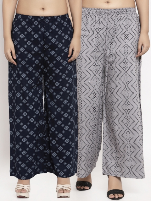 KLOTTHE Women Pack Of 2 Blue & Grey Printed Straight Palazzos