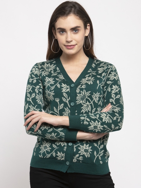 Kalt Women Green & White Printed Cardigan Sweater