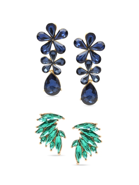 Yellow Chimes Set Of 2 Blue & Green Gold-Plated Contemporary Drop Earrings