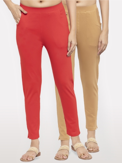 NEUDIS Women Pack of 2 Solid Ankle Length Leggings, Red