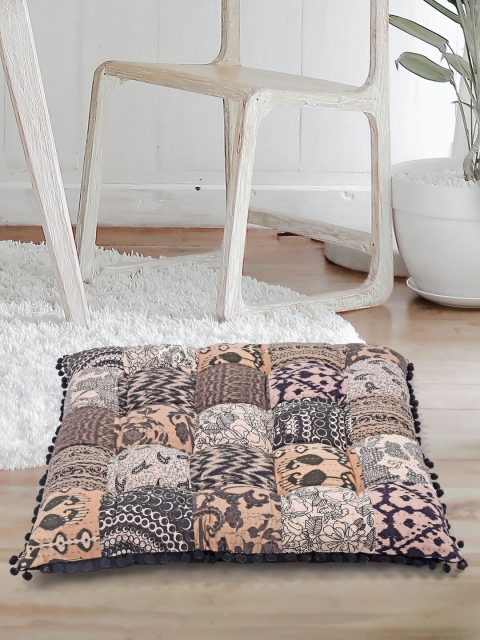 Tistabene Black & Beige Printed Patchwork Squared-Shaped Gaddi