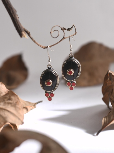 Bodh Design Black & Red Oval Drop Earrings