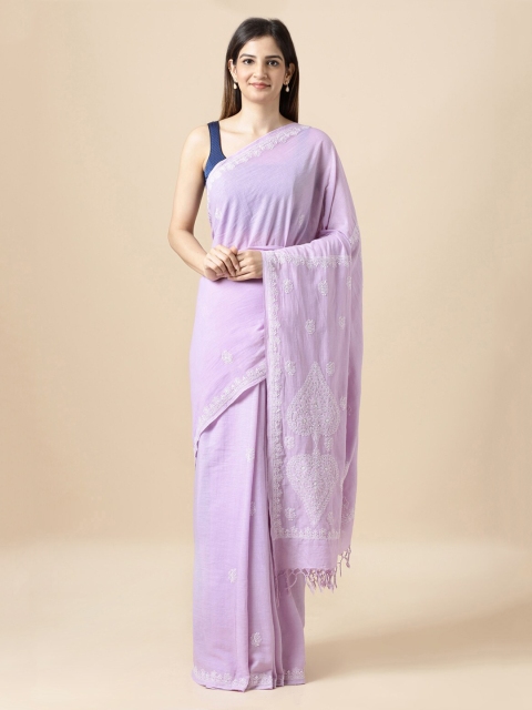 Taneira Lavender & White Pure Cotton Floral Embroidered Handloom Saree