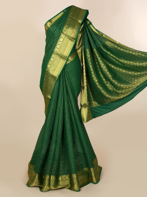 Pothys Green & Gold-Toned Pure Georgette Solid Saree