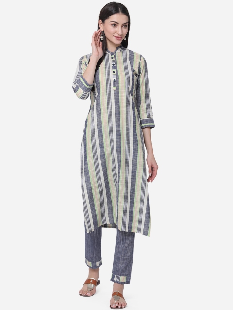 Kvsfab Women Blue & Multicoloured Striped Kurta with Trousers