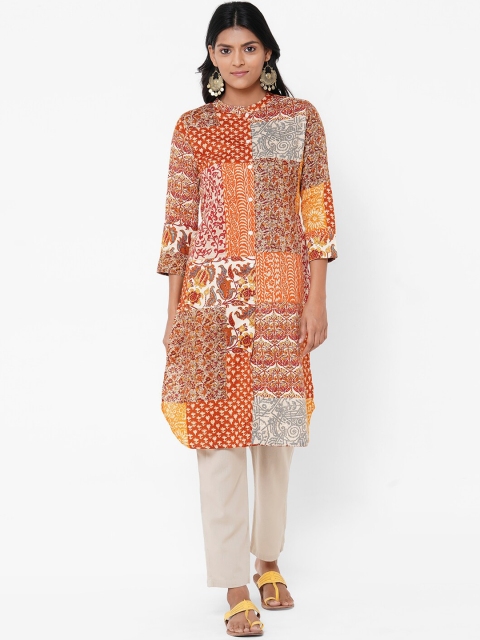 FASHOR Women Orange Printed Straight Kurta