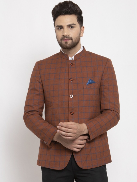 NEUDIS Men Brown Checked Formal Bandhgala Blazer