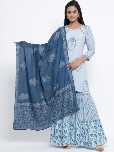 WomenMagic Women Blue Printed Kurta with Palazzos & Dupatta