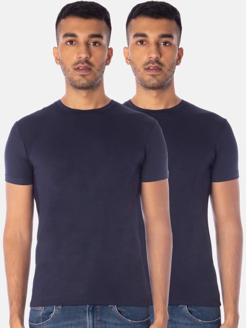 Smugglerz Men Pack Of 2 Navy Blue Solid Round Neck T-shirts