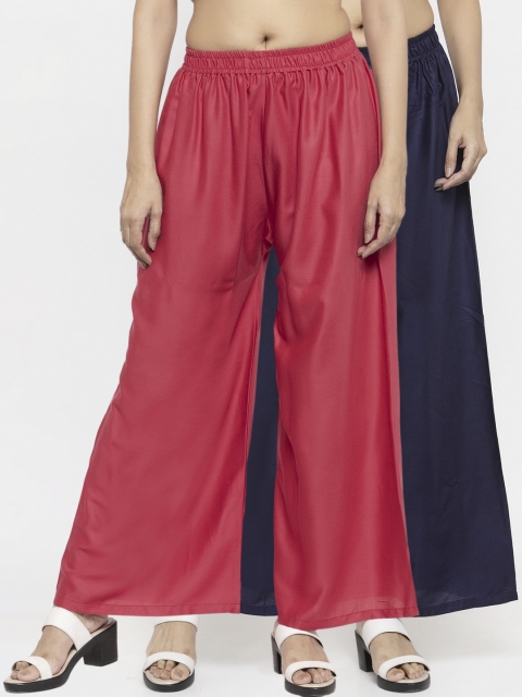 NEUDIS Women Pack Of 2 Navy Blue & Pink Solid Flared Palazzos