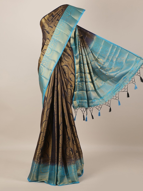 Pothys Turquoise Blue & Gold-Toned Jute Silk Woven Design Saree