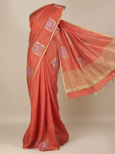 Pothys Orange & Gold-Toned Jute Silk Woven Design Saree