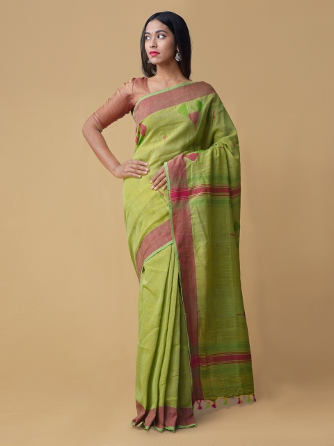 Unnati Silks Green & Pink Pure Linen Woven Design Handloom Jamdani Saree