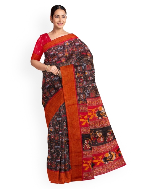KLM Fashion Mall Black & Red Linen Blend Printed Saree