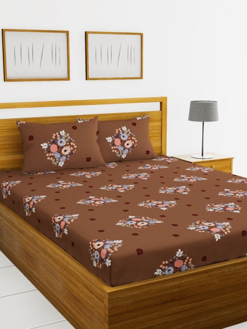 BIANCA Brown Floral 152 TC Polyester 1 King Bedsheet with 2 Pillow Covers