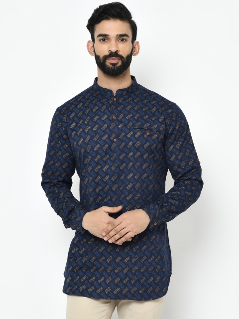 KISAH Men Navy Blue & Gold-Toned Woven Design A-Line Kurta