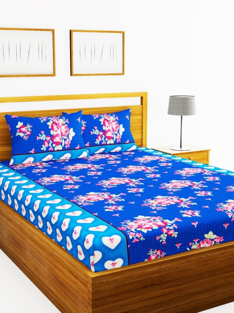 BIANCA Blue & Red Floral 152 TC Polyester 1 King Bedsheet with 2 Pillow Covers