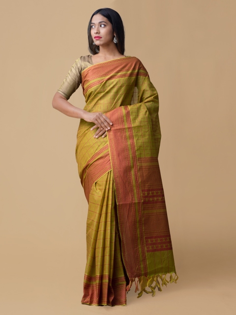 Unnati Silks Green & Pink Pure Cotton Woven Design Handloom Mysore Silk Saree