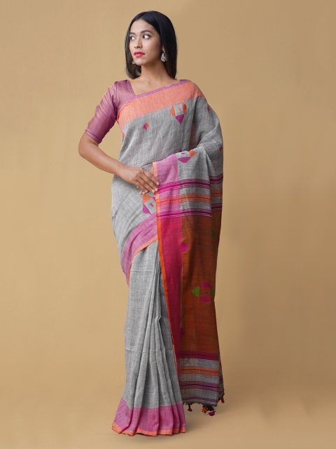 Unnati Silks Grey & Peach-Coloured Pure Linen Printed Jamdani Saree