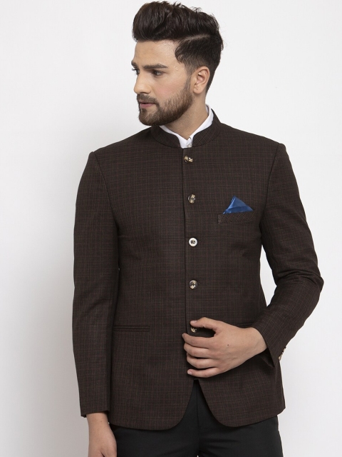 NEUDIS Men Brown & Black Checked Regular-Fit Bandhgala Blazer
