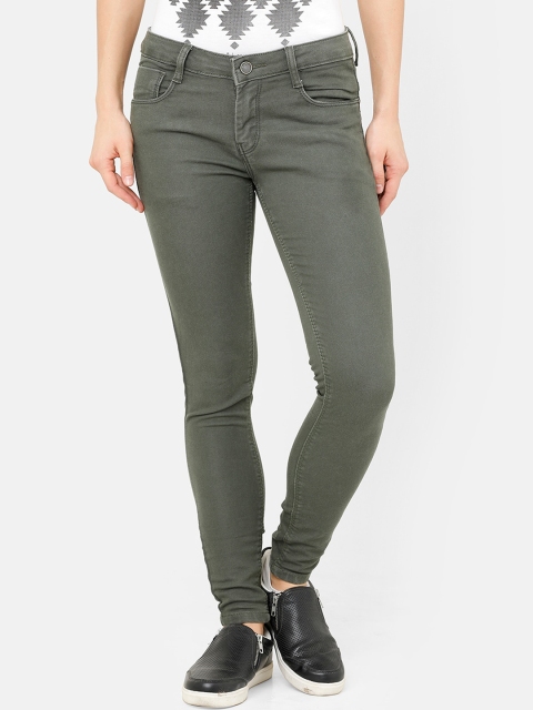ZHEIA Women Olive Green Skinny Fit Mid-Rise Clean Look Jeans
