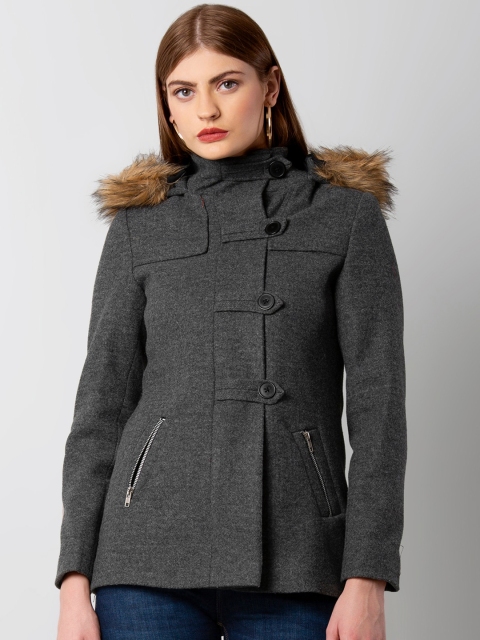 FabAlley Women Charcoal Grey Solid Coat