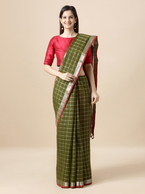 Taneira Green & Red Pure Cotton Checked Mangalagiri Handloom Saree